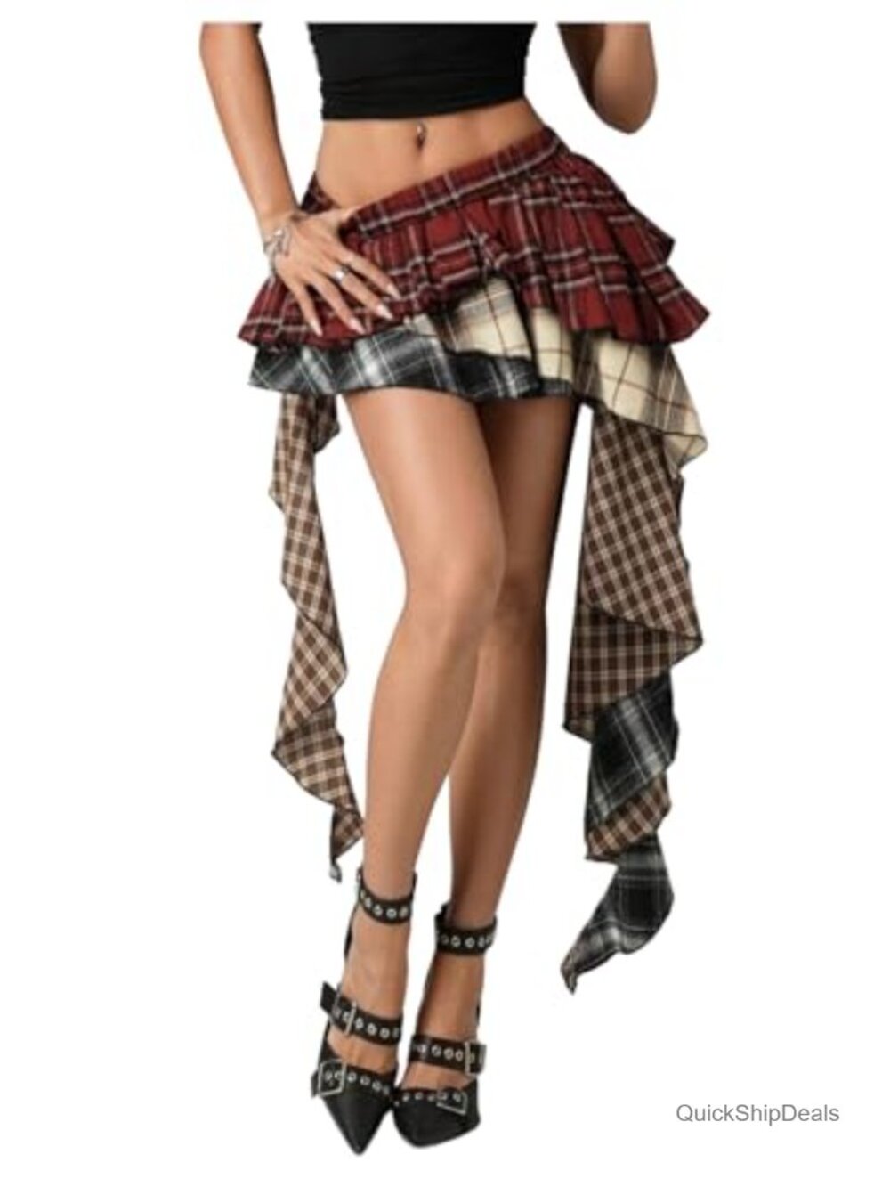 Women's Plaid Ruffle Mini Skirt Y2K Layered Asymmetrical Skorts